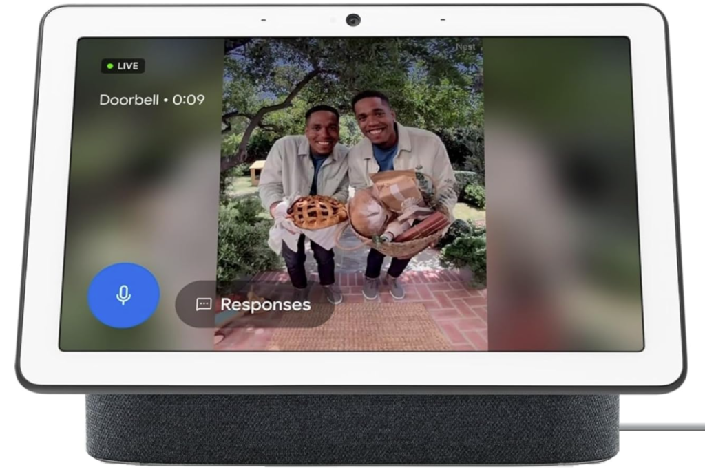 Google Nest Hub Max smart display showing two people using video doorbell feature 
