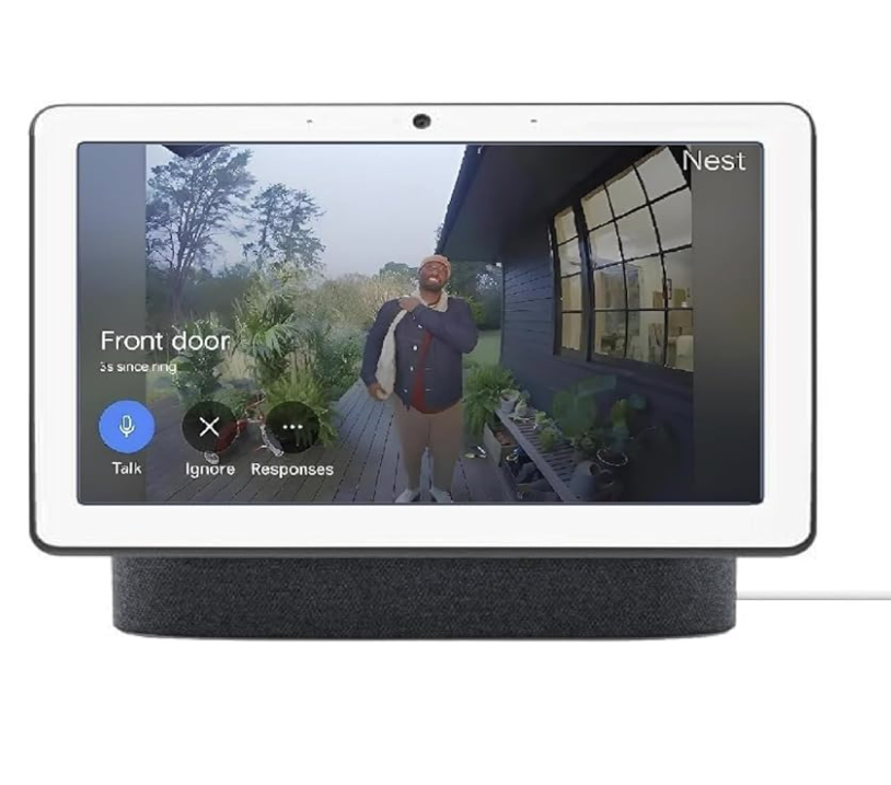 Google Nest Hub Max smart display showing front door camera with a person at the door
