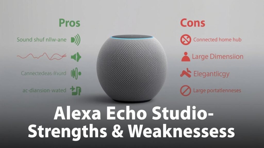 “Alexa Echo Studio pros and cons infographic “Alexa Echo Studio pros and cons infographic – smart speaker 2026”