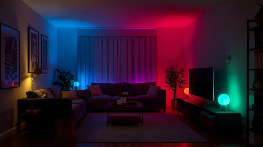 Philips Hue A19 LED smart bulbs showing multiple color ambiance lighting scenes in an apartment
