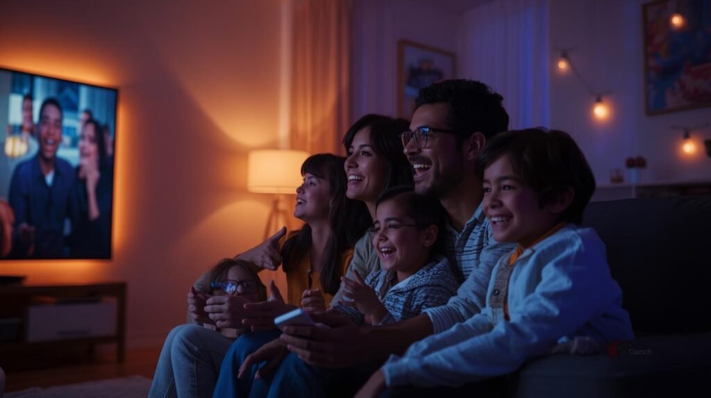 Family using Philips Hue A19 smart lighting for movie night in an apartment
