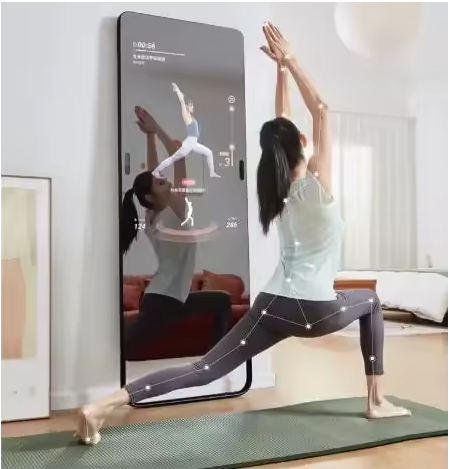 AI motion tracking and form correction on a smart fitness mirror during yoga