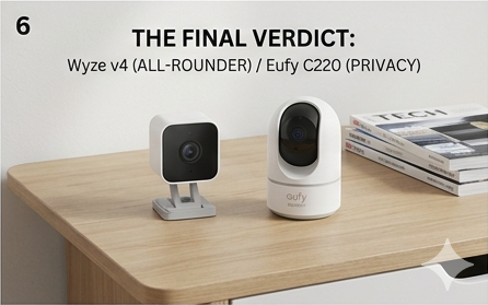 The final verdict showing the Wyze Cam v4 and Eufy C220 security cameras on a tech desk.