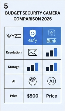 Infographic comparing Wyze vs Eufy vs Blink security cameras specifications and prices in 2026.