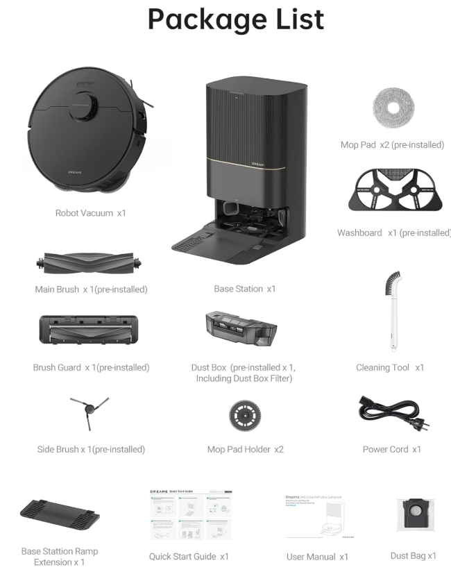 Complete package list of Dreame X40 Ultra including robot vacuum, base station, and maintenance accessories