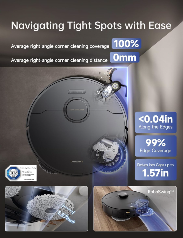 Dreame X40 Ultra cleaning tight spots with 100 percent corner coverage and RoboSwing technology
