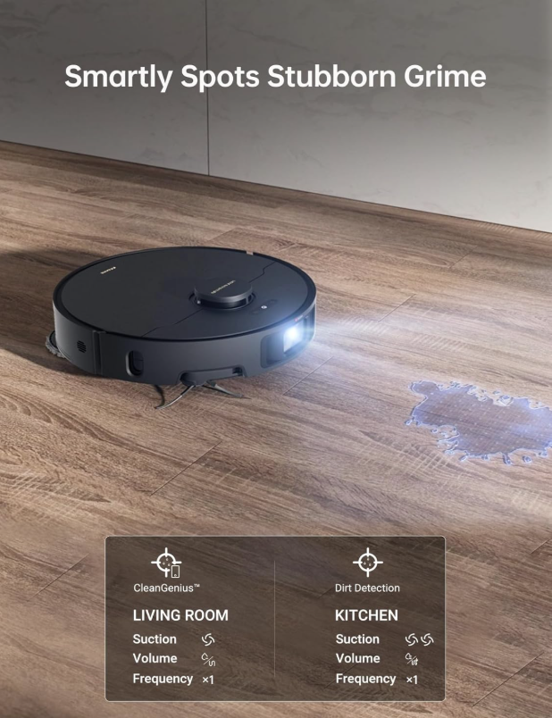 Dreame X40 Ultra using built-in LED light and sensors to detect wet messes and stubborn stains on wooden floors