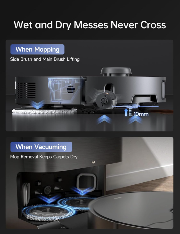 Dreame X40 Ultra lifting brushes 10mm when mopping and removing mop pads when vacuuming carpets