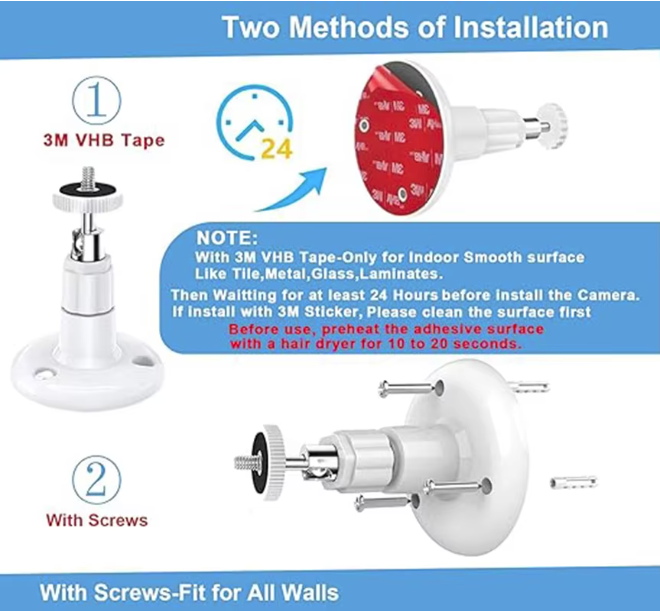 Two methods of installation for security camera mount 3M VHB tape and screws.