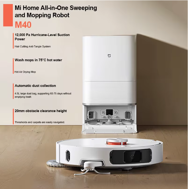 Infographic of Xiaomi Mijia M40 key features: 12000Pa suction and hot water mop washing