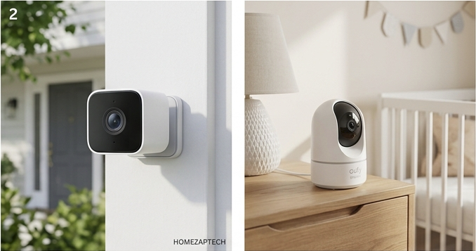 Wyze Cam v4 in black and white finish, highlighting its compact design for home security.