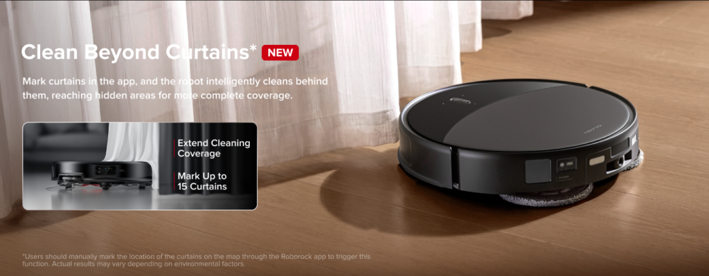 Roborock Saros 20 cleaning behind white curtains using the new app-marking feature to reach hidden areas.