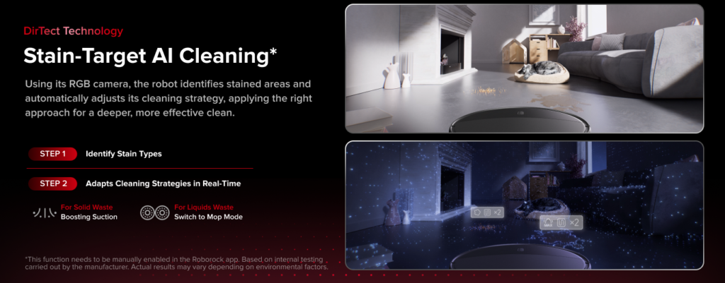 Roborock Saros 20 DirTect Technology identifying floor stains and automatically adapting cleaning strategies for solids and liquids.