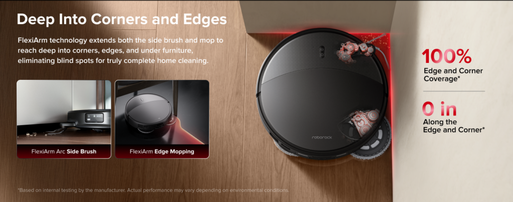 Close-up of Roborock Saros 20 FlexiArm technology extending the side brush and mop to clean 100% of room corners and edges.