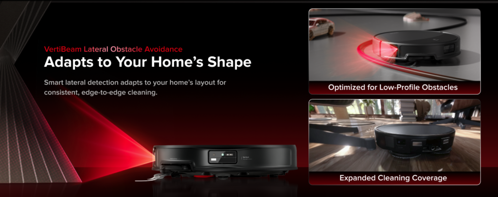 Roborock Saros 20 featuring VertiBeam lateral obstacle avoidance technology for smart detection of low-profile objects.